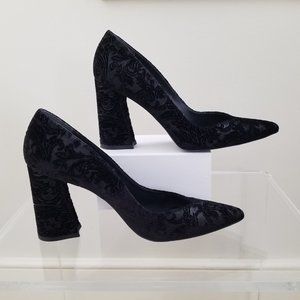 Stuart Weitzman Black Block Heel Velvet Pumps